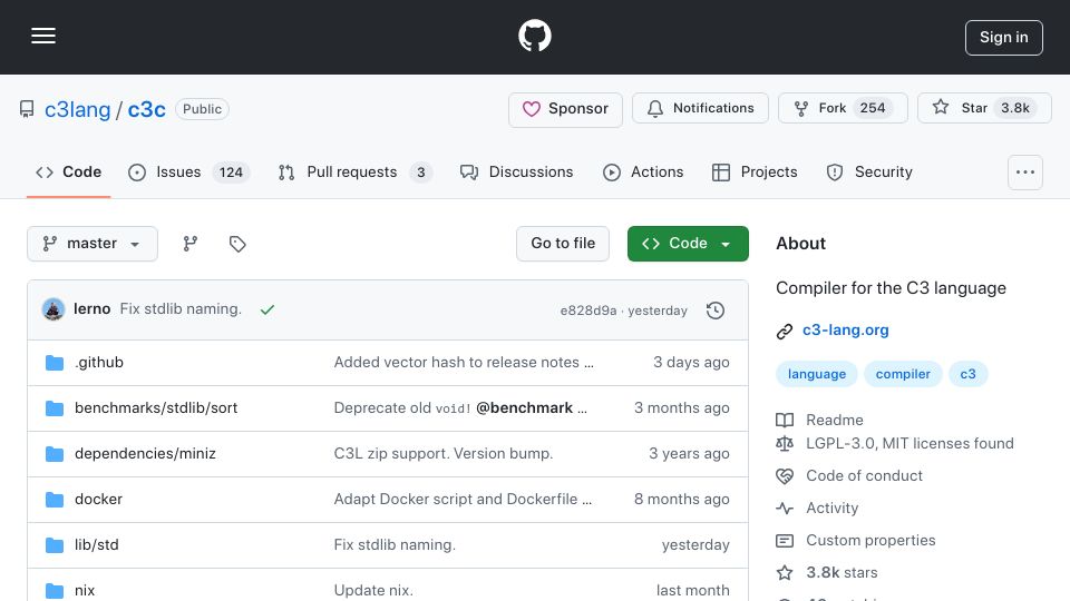 Screenshot of github.com: Show HN: The C3 programming language (C alternative language)