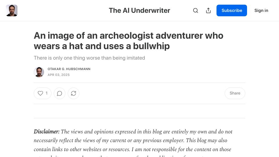 Screenshot of theaiunderwriter.substack.com: An image of an archeologist adventurer who wears a hat and uses a bullwhip