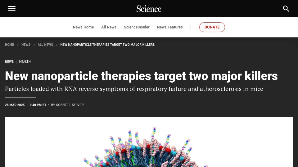 Screenshot of science.org: New nanoparticle therapies target two major killers