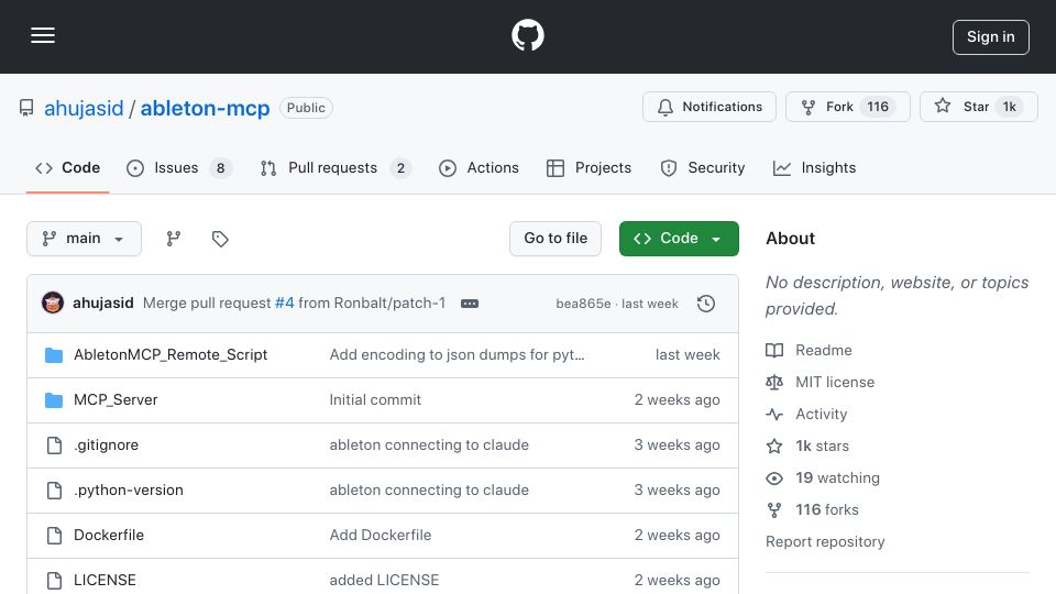 Screenshot of github.com: AbletonMCP – Ableton Live Model Context Protocol Integration