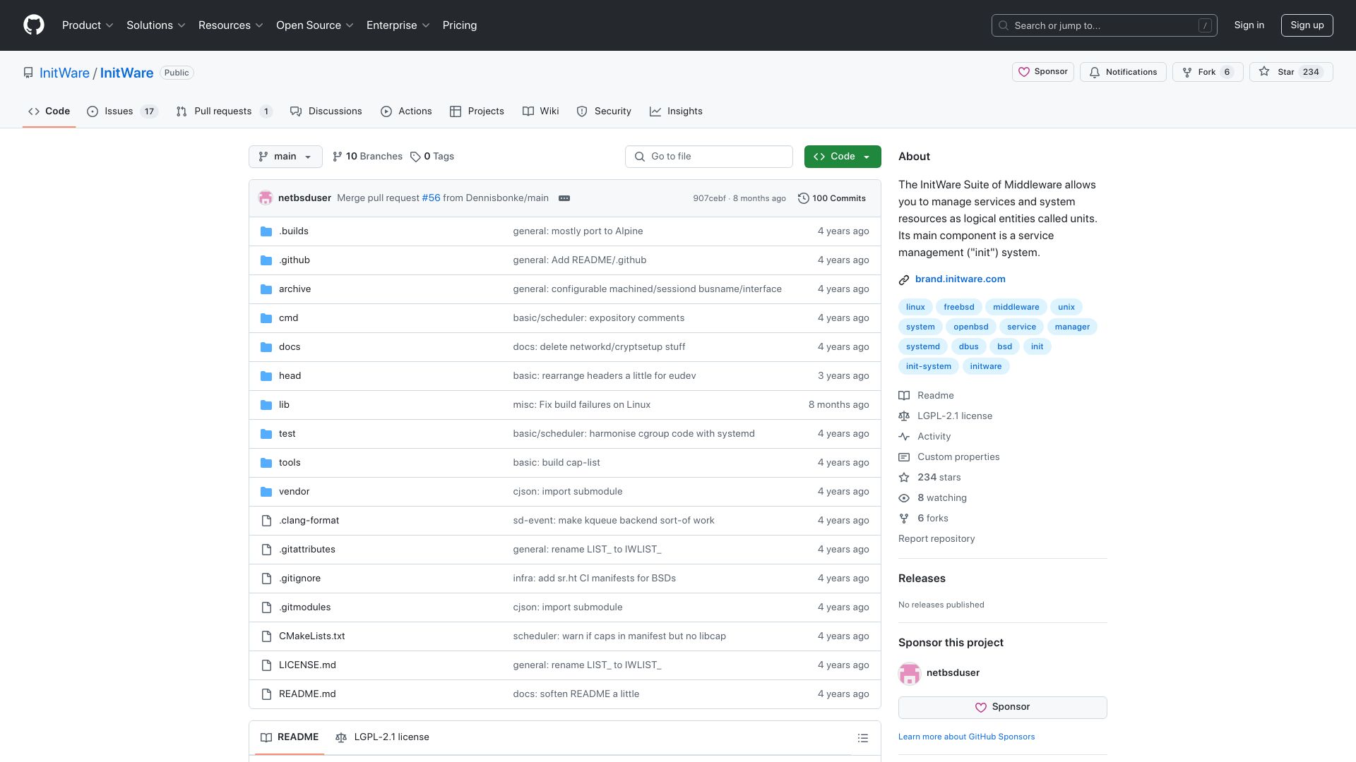 Screenshot of github.com: InitWare, a portable systemd fork running on BSDs and Linux