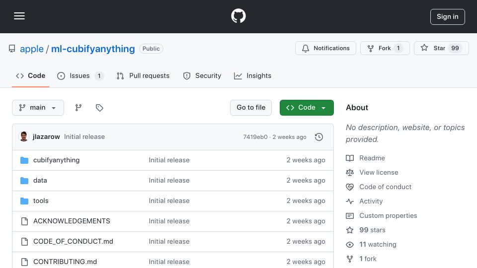 Screenshot of github.com: Apple's Cubify Anything: Scaling Indoor 3D Object Detection