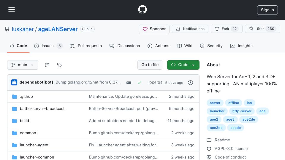 Screenshot of github.com: Web Server for AoE 1, 2 and 3 DE supporting LAN multiplayer 100% offline