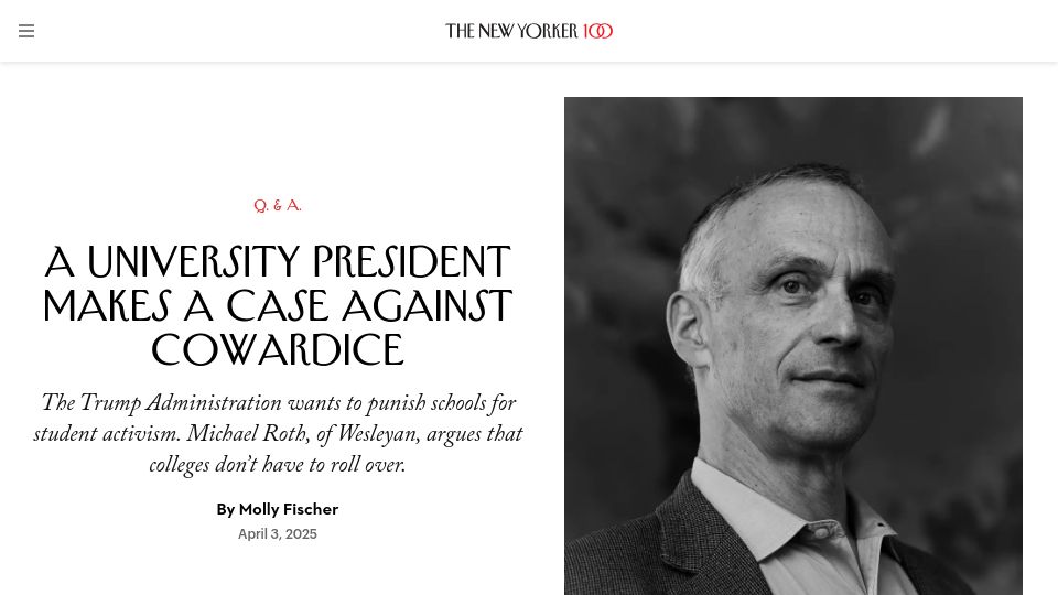 Screenshot of newyorker.com: A university president makes a case against cowardice