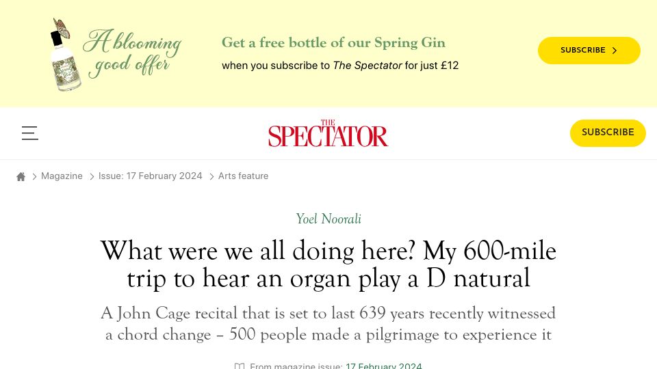 Screenshot of spectator.co.uk: John Cage recital set to last 639 years recently witnessed a chord change