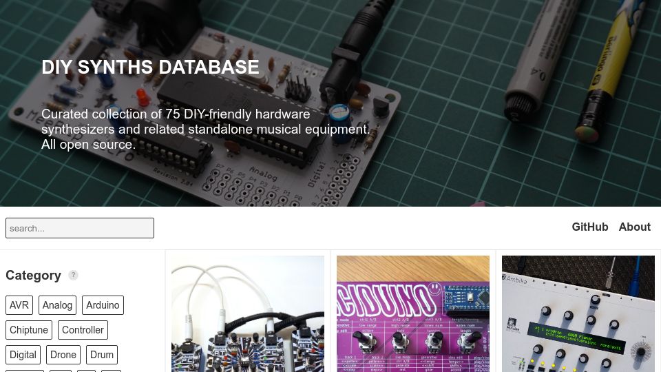 Screenshot of diy-synths.snnkv.com: DIY Synths Database