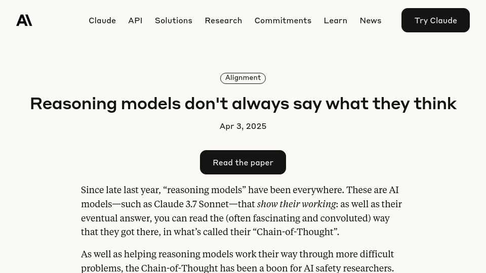 Screenshot of anthropic.com: Reasoning models don't always say what they think
