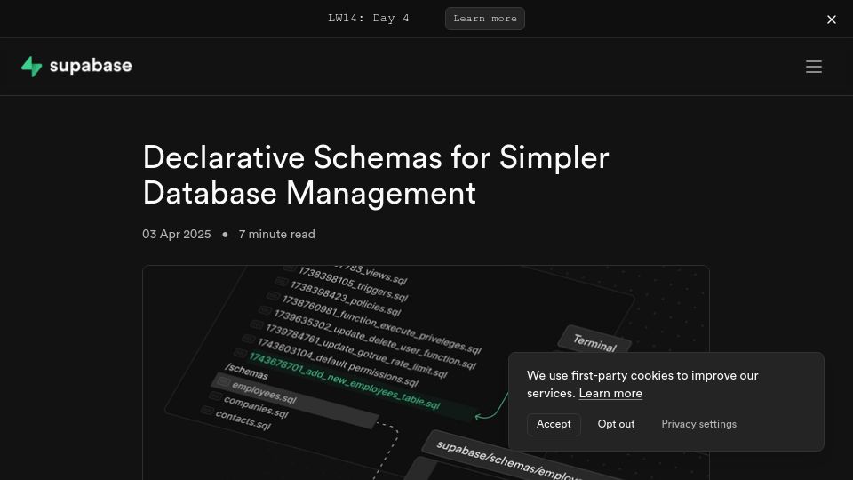 Screenshot of supabase.com: Declarative Schemas for simpler database management