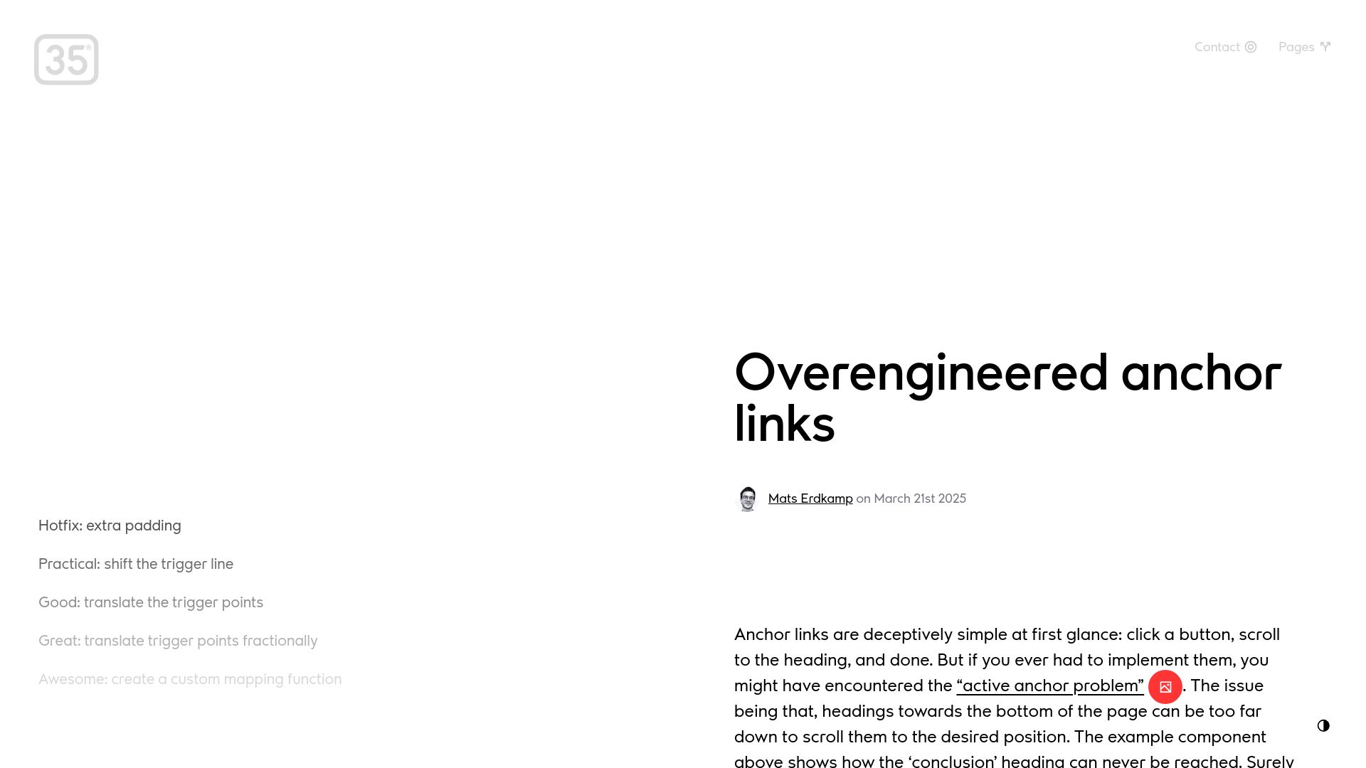 Screenshot of thirty-five.com: Overengineered Anchor Links