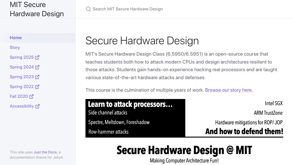 Screenshot of shd.mit.edu: MIT 6.5950 Secure Hardware Design – An open-source course on hardware attacks
