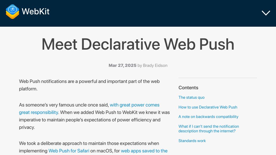 Screenshot of webkit.org: Declarative Web Push – WebKit