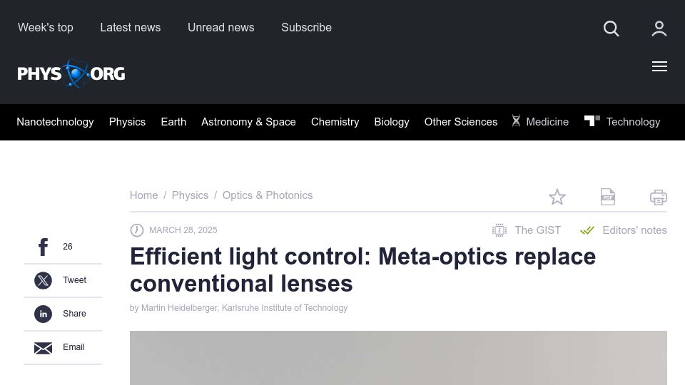 Screenshot of phys.org: Efficient light control: Meta-optics replace conventional lenses