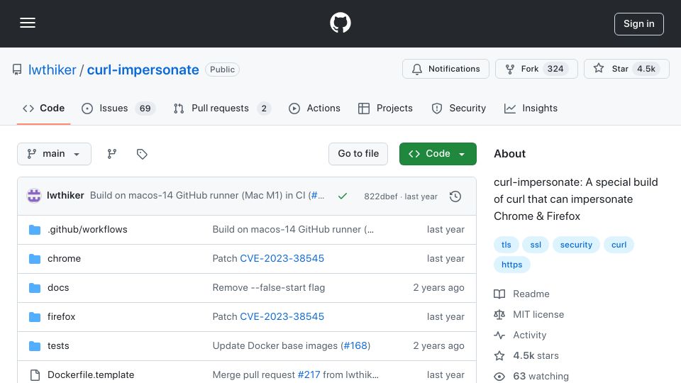 Screenshot of github.com: Curl-impersonate: Special build of curl that can impersonate the major browsers