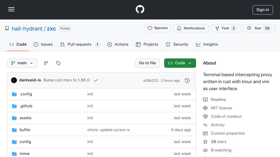 Screenshot of github.com: Show HN: Zxc – Rust TLS proxy with tmux and Vim as UI, BurpSuite alternative