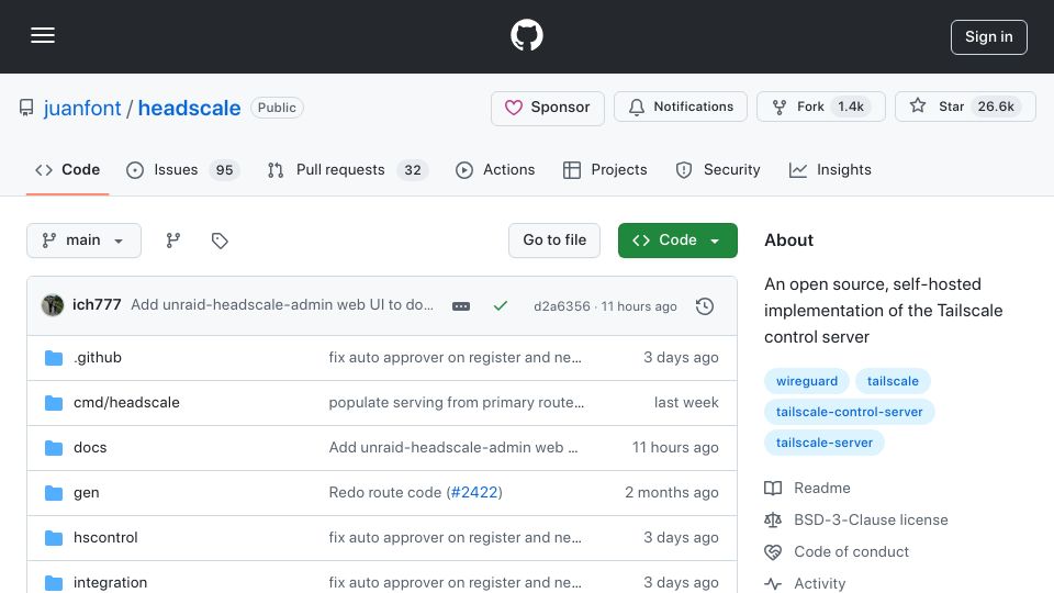 Screenshot of github.com: An open source, self-hosted implementation of the Tailscale control server