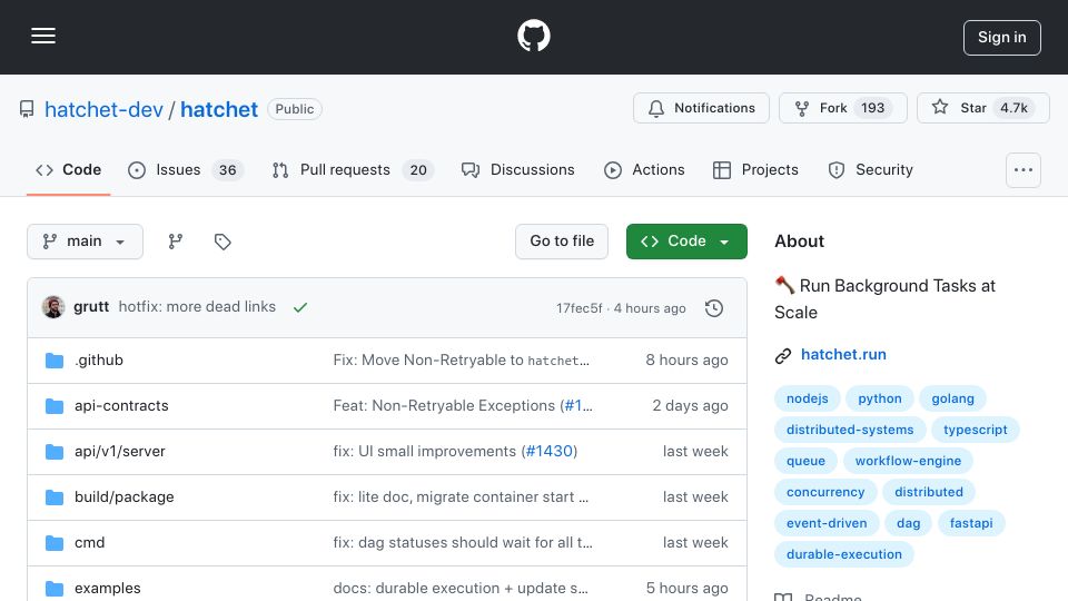 Screenshot of github.com: Show HN: Hatchet v1 – A task orchestration platform built on Postgres