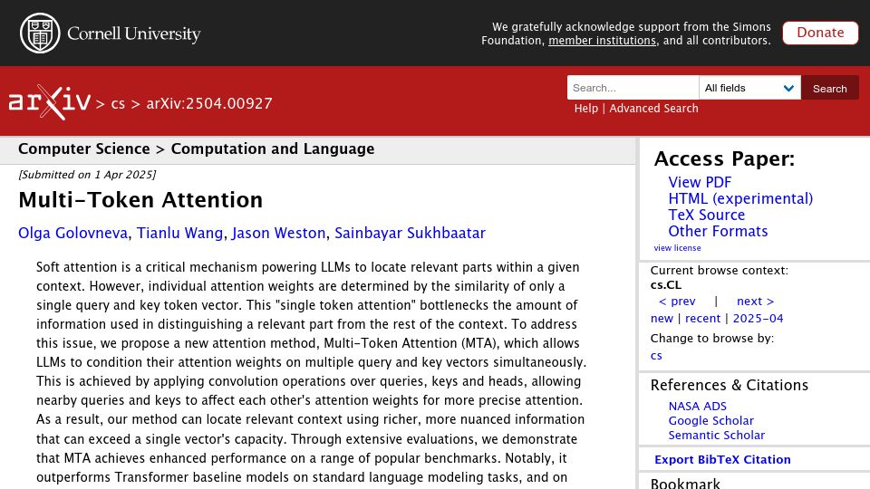 Screenshot of arxiv.org: Multi-Token Attention
