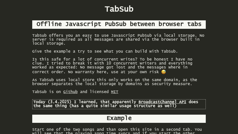 Screenshot of simon-frey.com: Show HN: Offline JavaScript PubSub between browser tabs