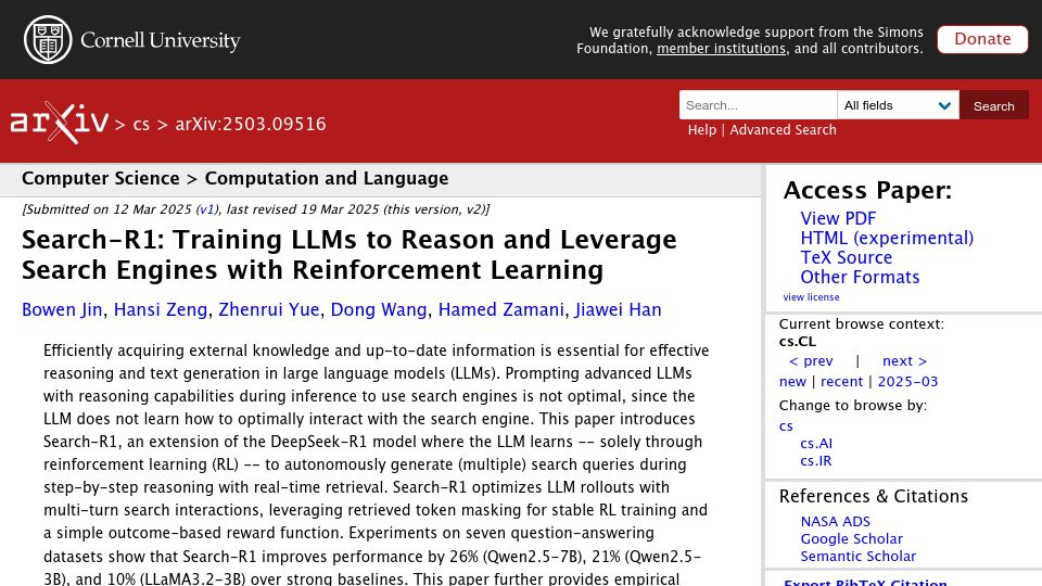 Screenshot of arxiv.org: Search-R1: Training LLMs to Reason and Leverage Search Engines with RL