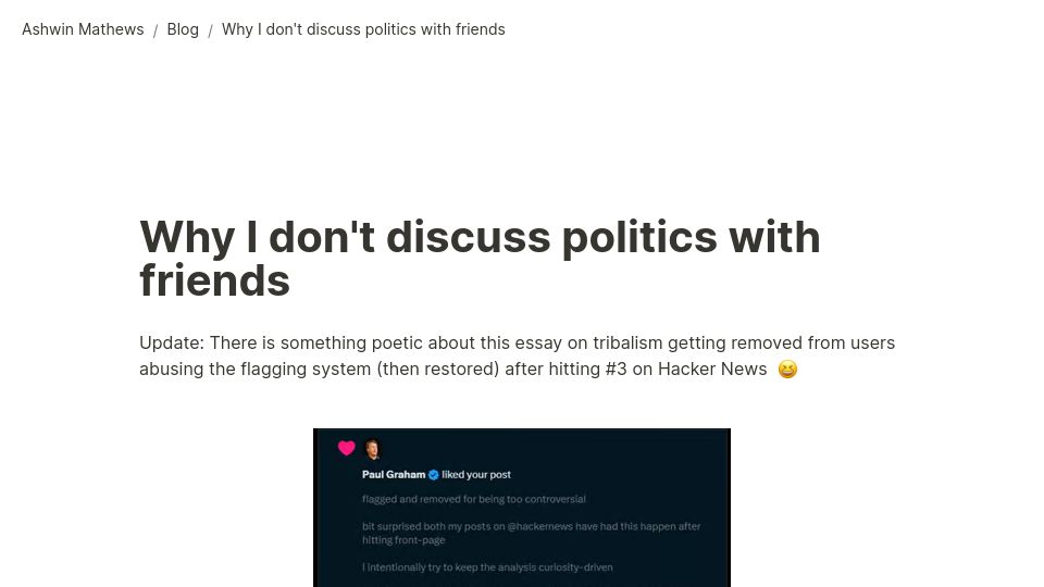 Screenshot of shwin.co: Why I don't discuss politics with friends
