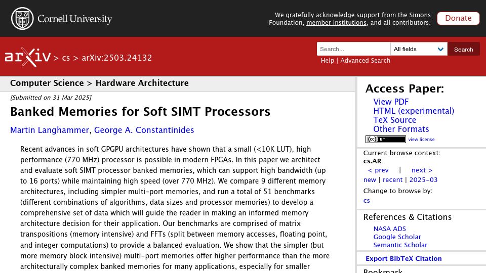 Screenshot of arxiv.org: Banked Memories for Soft SIMT Processors