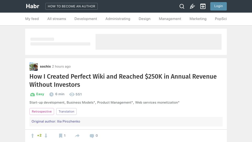 Screenshot of habr.com: I created Perfect Wiki and reached $250k in annual revenue without investors