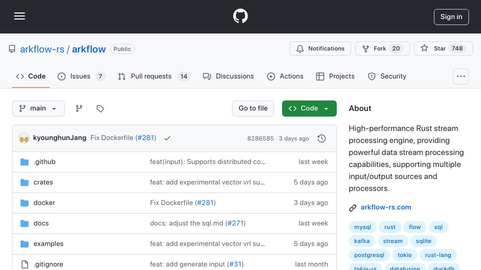 Screenshot of github.com: ArkFlow: High-performance Rust stream processing engine