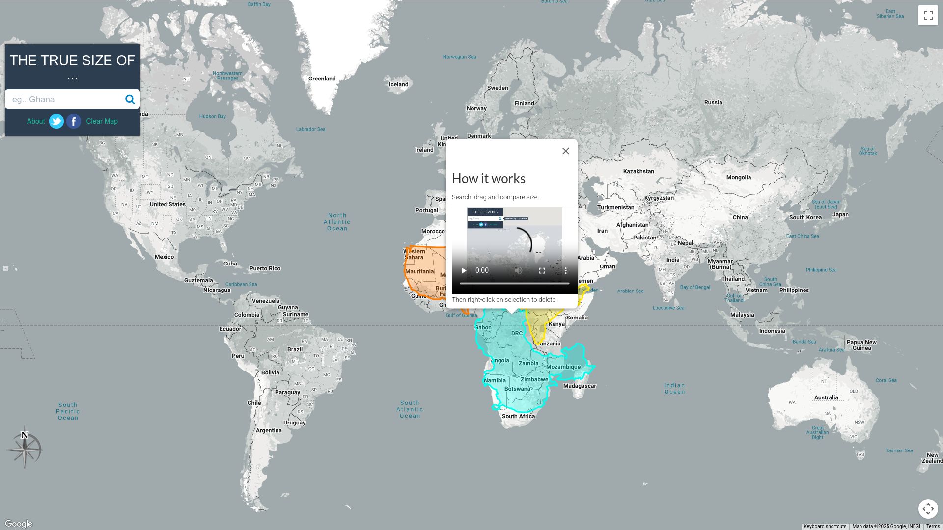 Screenshot of thetruesize.com: The True Size Of