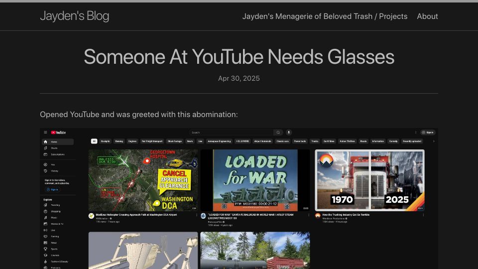 Screenshot of jayd.ml: Someone at YouTube needs glasses