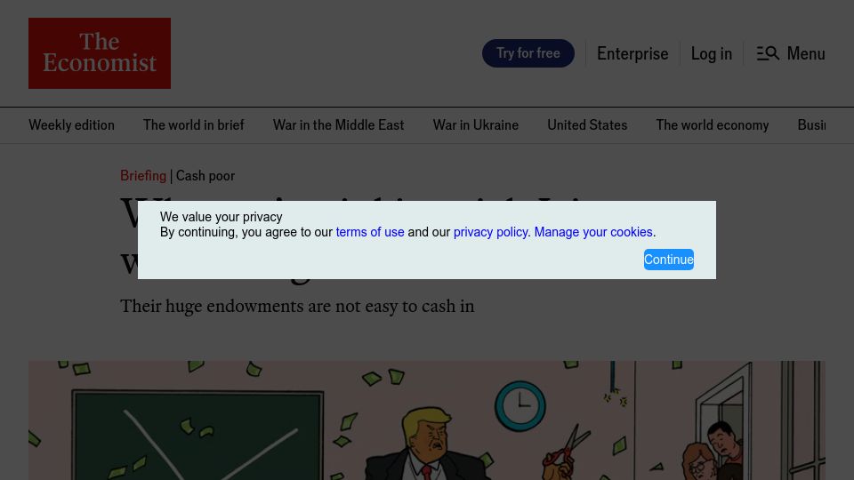 Screenshot of economist.com: Why can't Ivies cope with losing a few hundred million?