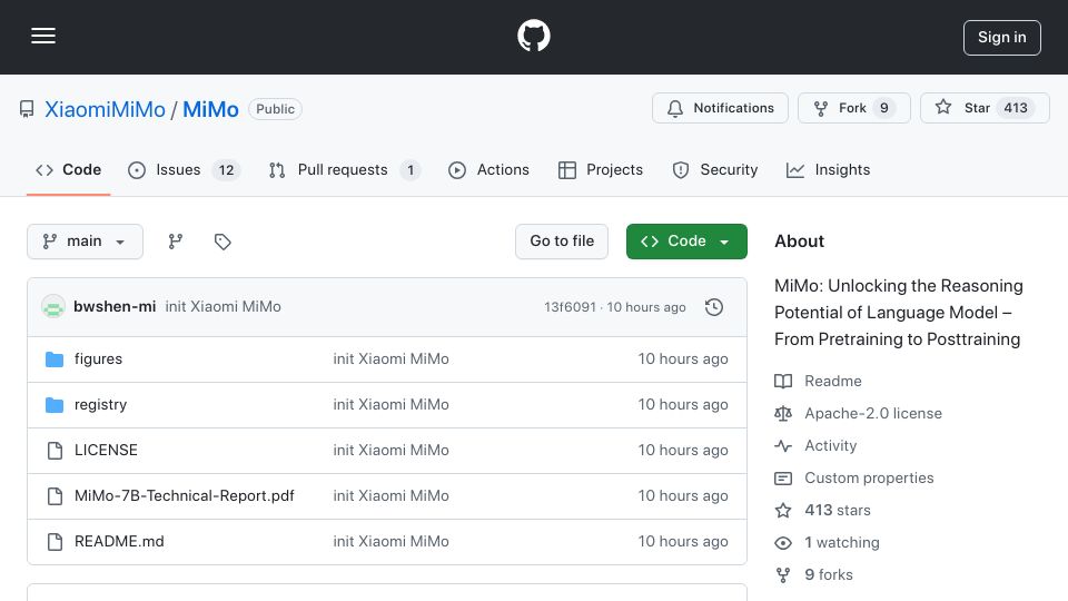 Screenshot of github.com: Xiaomi MiMo Reasoning Model