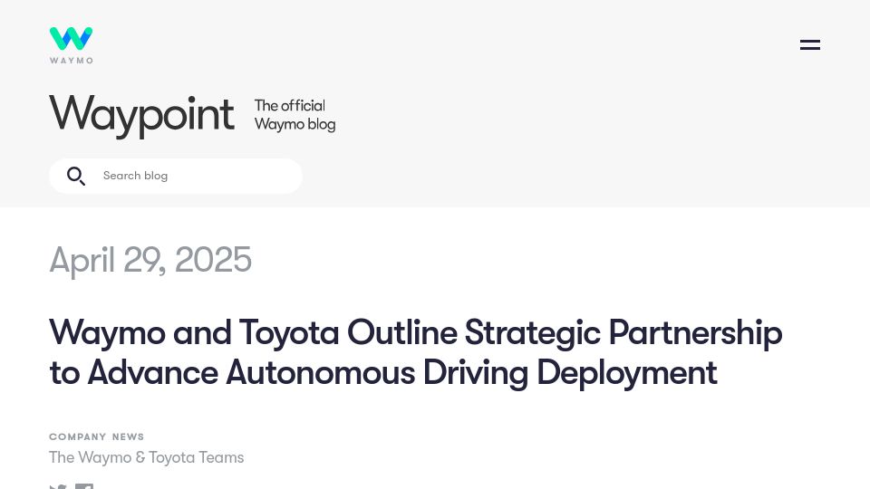 Screenshot of waymo.com: Waymo and Toyota outline partnership to advance autonomous driving deployment