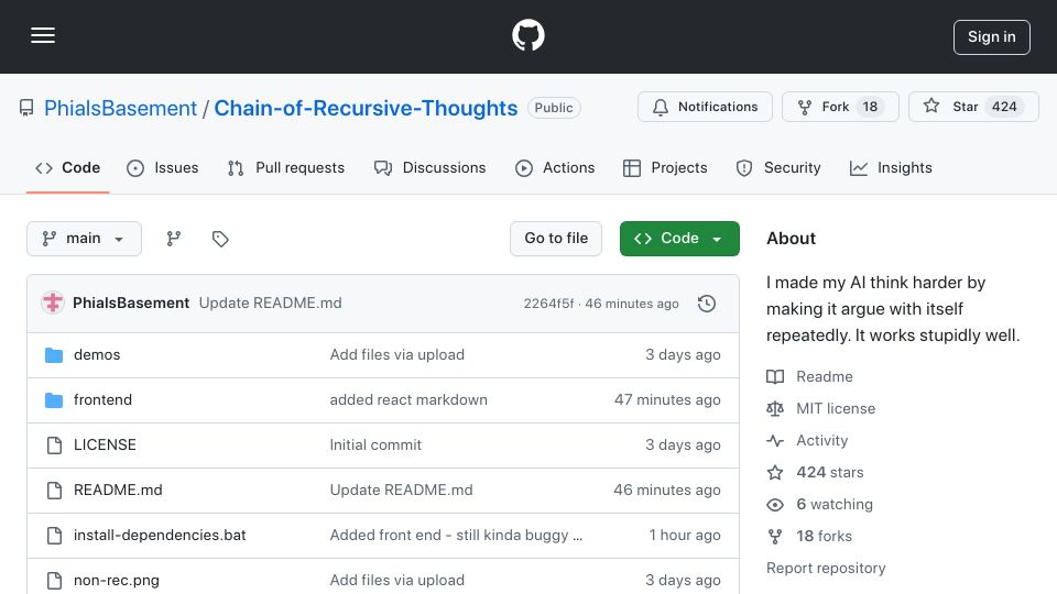Screenshot of github.com: Chain of Recursive Thoughts: Make AI think harder by making it argue with itself