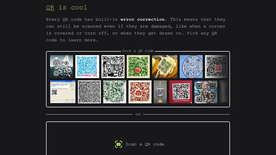 Screenshot of qris.cool: Show HN: An interactive demo of QR codes' error correction