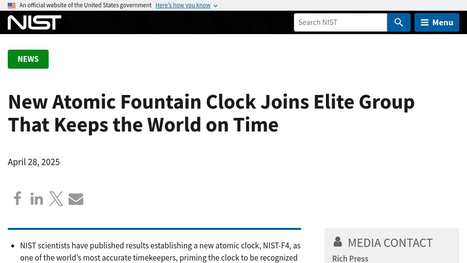 Screenshot of nist.gov: New atomic fountain clock joins group that keeps the world on time