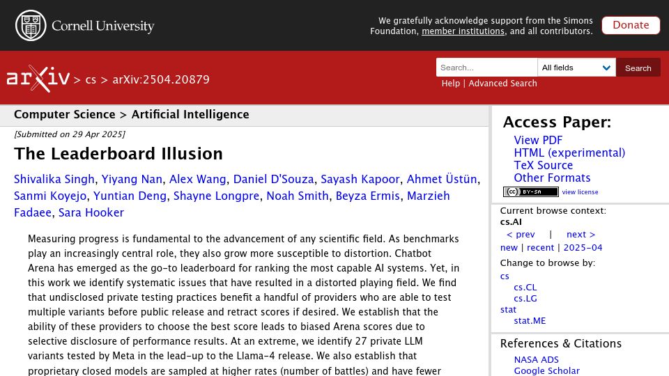 Screenshot of arxiv.org: The Leaderboard Illusion