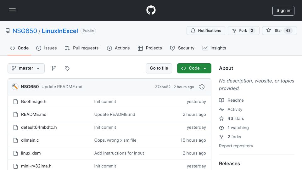 Screenshot of github.com: Linux in Excel
