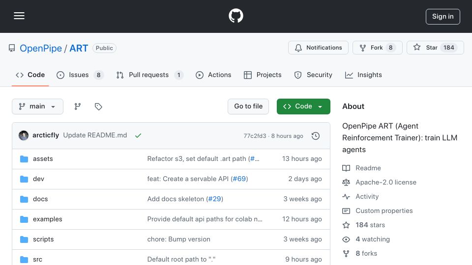 Screenshot of github.com: Show HN: ART – a new open-source RL framework for training agents