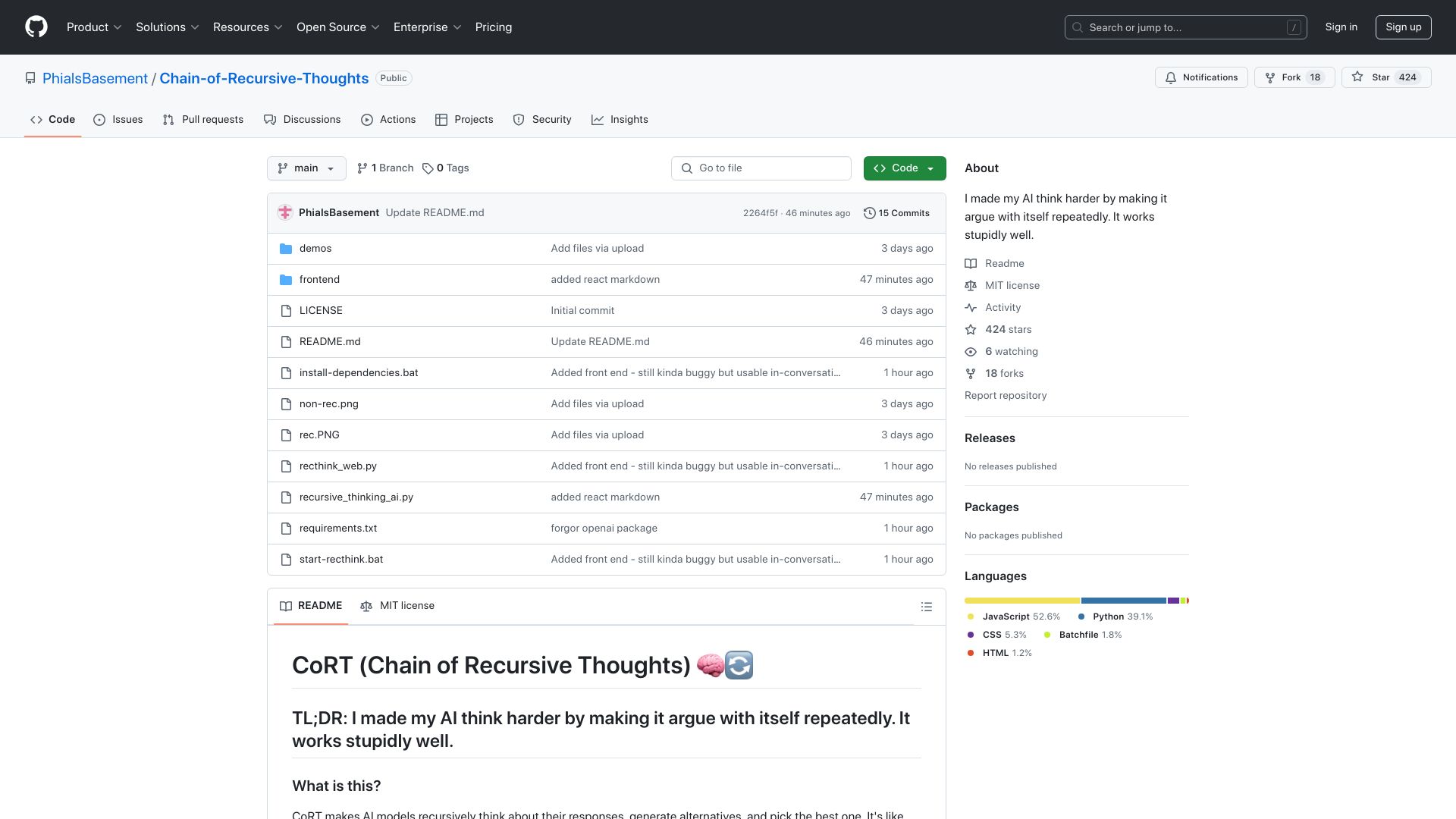 Screenshot of github.com: Chain of Recursive Thoughts: Make AI think harder by making it argue with itself