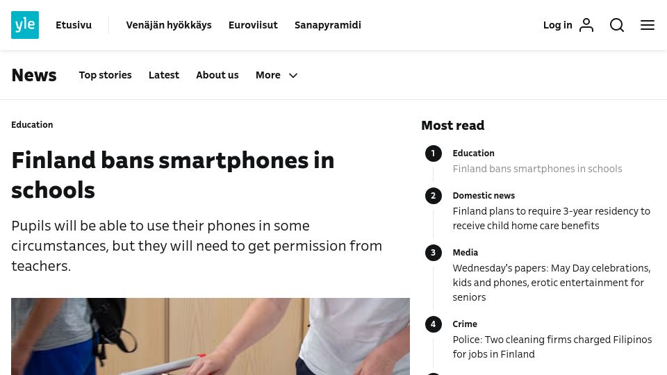 Screenshot of yle.fi: Finland Bans Smartphones in Schools