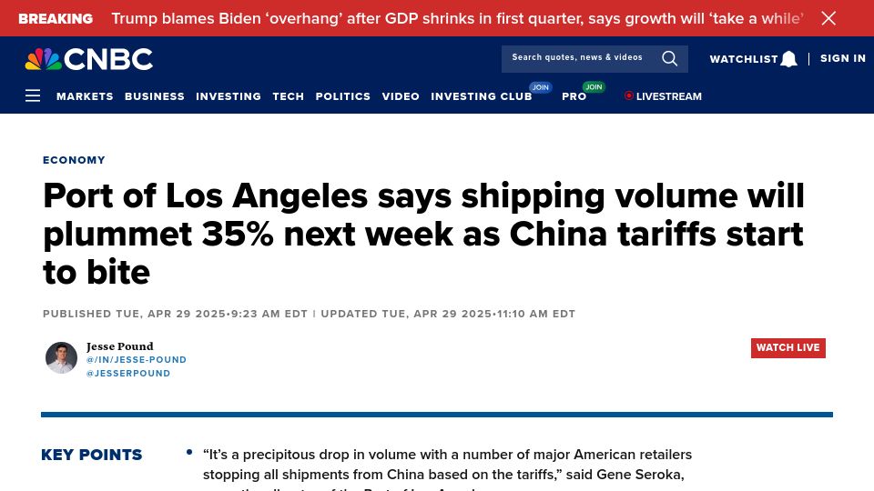 Screenshot of cnbc.com: Port of Los Angeles says shipping volume will plummet 35% next week