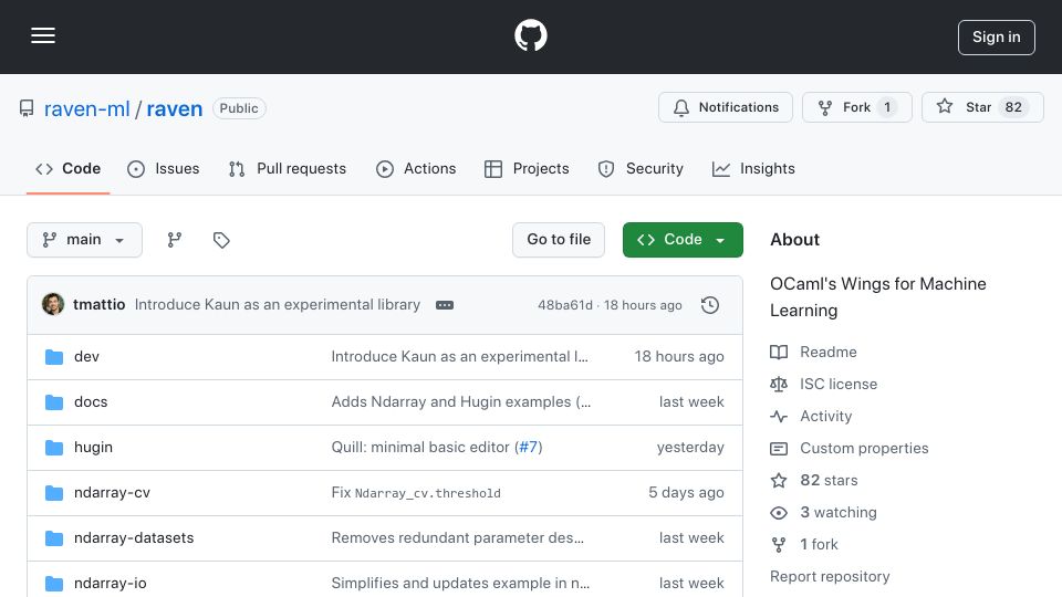 Screenshot of github.com: OCaml's Wings for Machine Learning