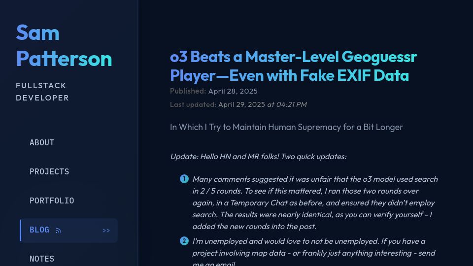Screenshot of sampatt.com: O3 beats a master-level GeoGuessr player, even with fake EXIF data