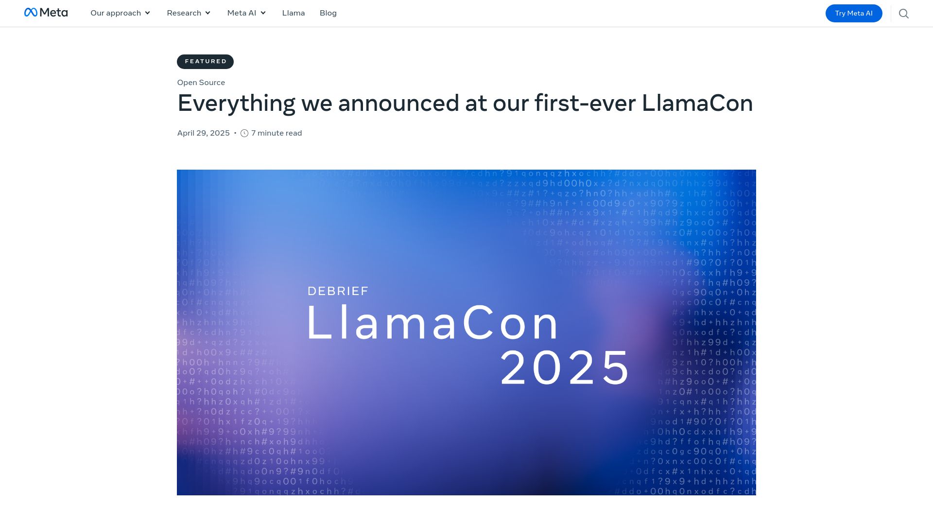Screenshot of ai.meta.com: Everything we announced at our first LlamaCon