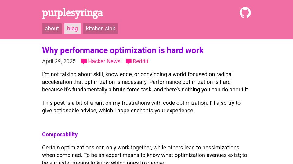 Screenshot of purplesyringa.moe: Performance optimization is hard because it's fundamentally a brute-force task