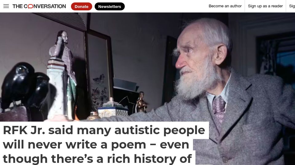 Screenshot of theconversation.com: RFK Jr is wrong – there's a rich history of autistic poets