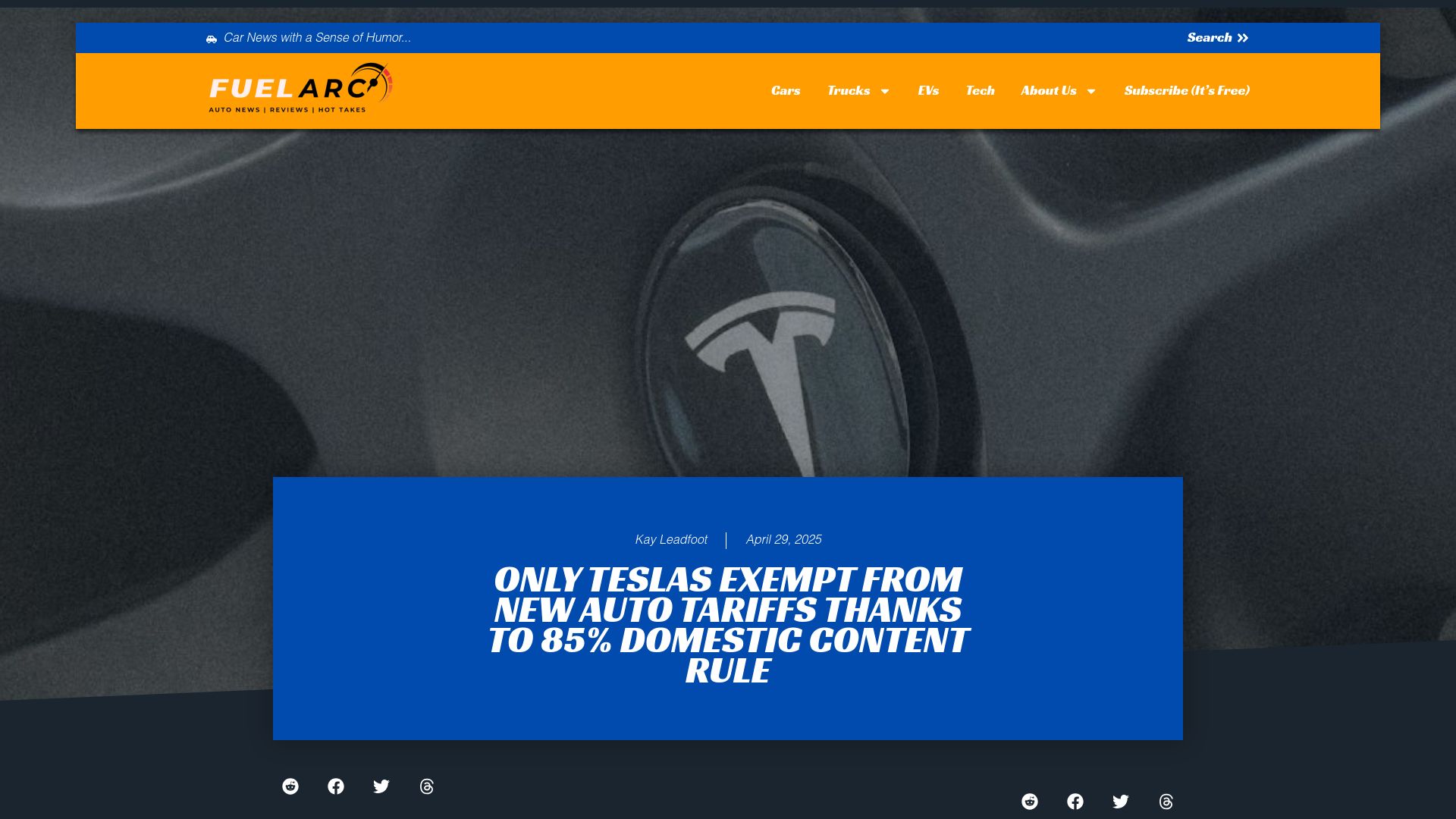 Screenshot of fuelarc.com: Only Teslas exempt from new auto tariffs thanks to 85% domestic content rule