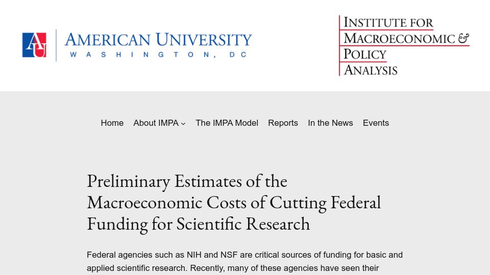 Screenshot of impa.american.edu: Study finds that budget cuts to public R&D would significantly hurt the economy