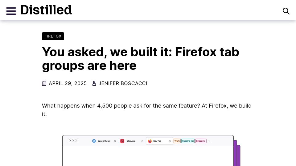 Screenshot of blog.mozilla.org: Firefox tab groups are here