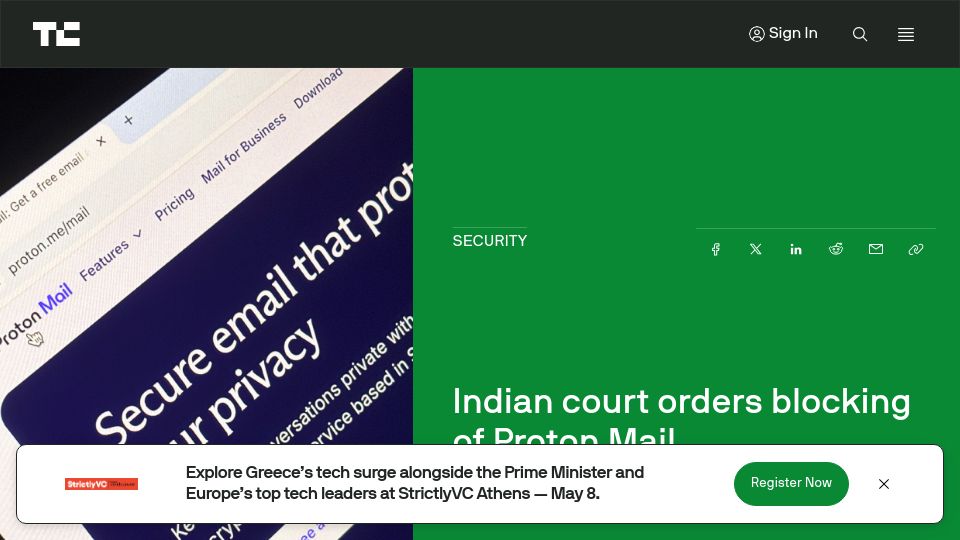 Screenshot of techcrunch.com: Indian court orders blocking of Proton Mail